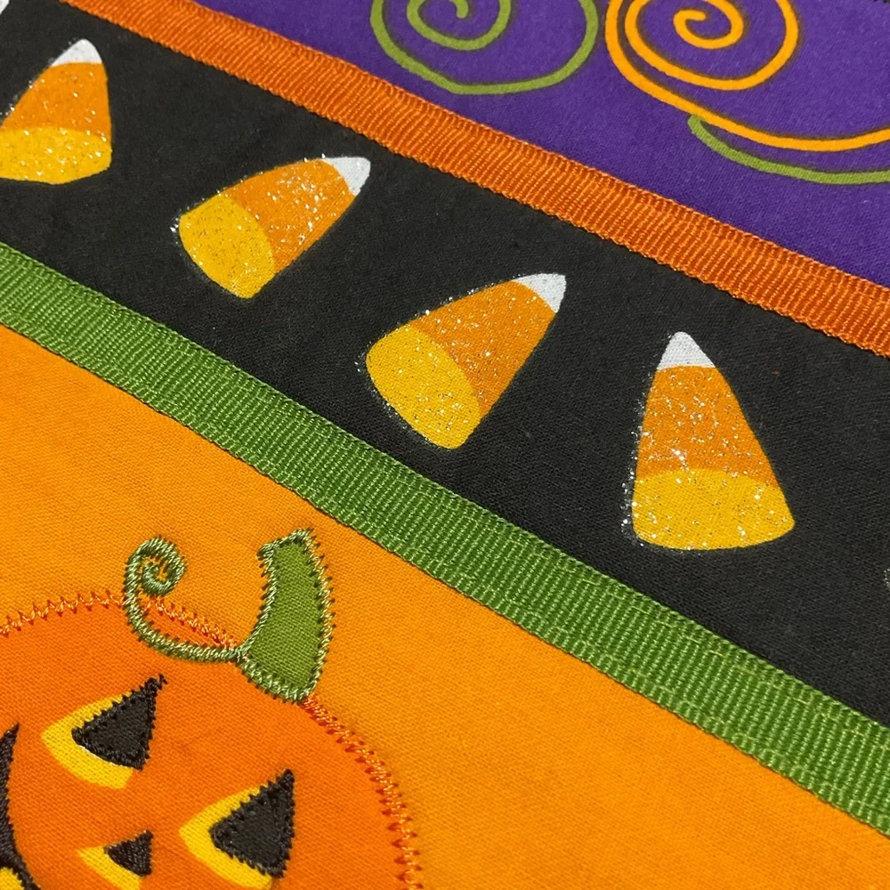 Halloween Placemats Set of 6 18” X 13.5” Glitter Orange Green Spider Candy Corn